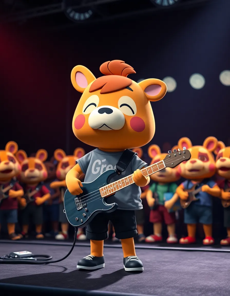 a cute animal crossing character wears a wrinkled band t-shirt, with a wrinkled guitar slung over their shoulder. the character stands on a dimly lit stage, surrounded by a crowd of other wrinkled animal crossing characters in band attire.
