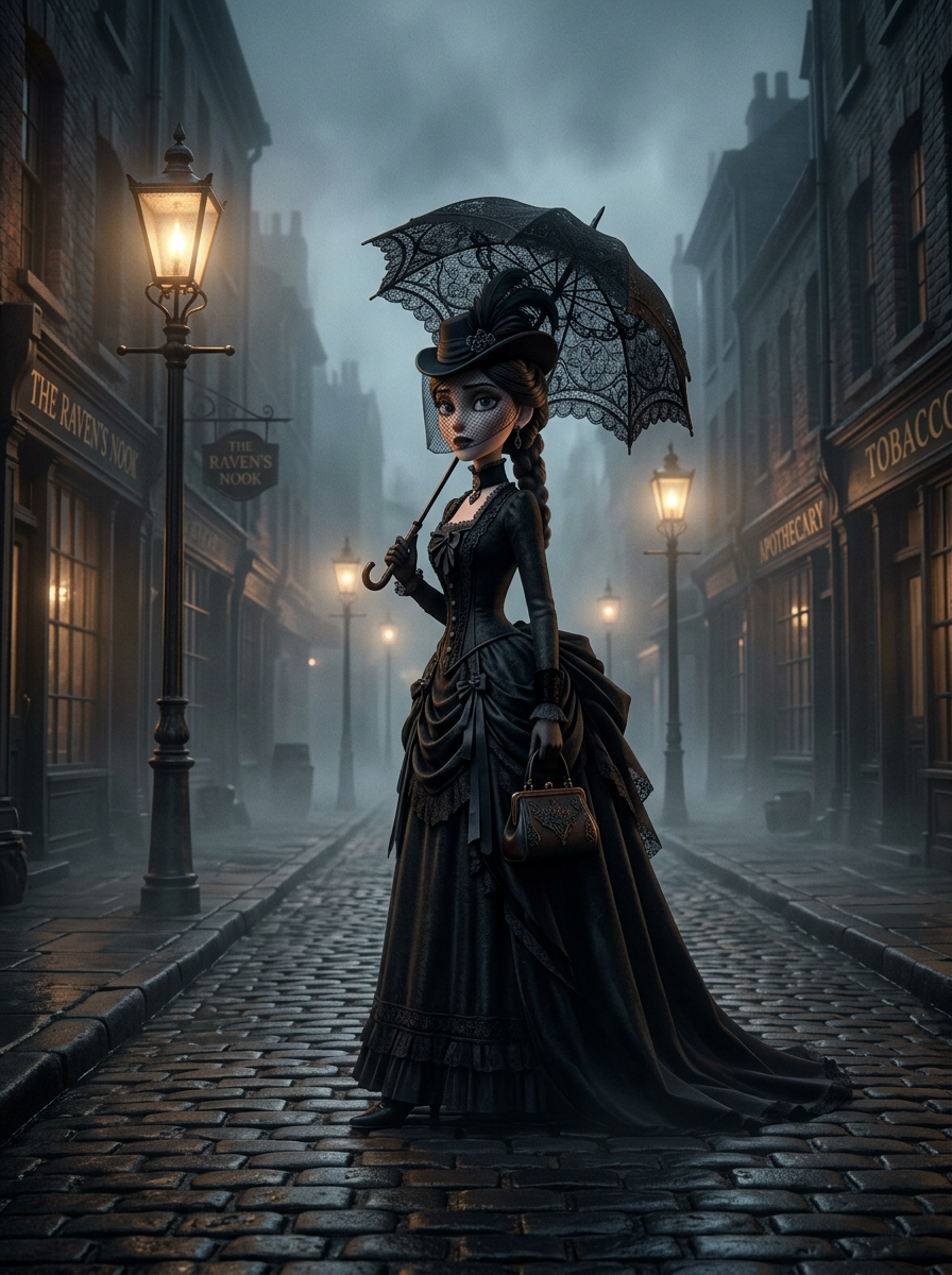 Original character for The Gaslight District: a mysterious Victorian lady in a gothic black dress with a lace parasol, full body, stylized 3D animation, dim gaslamp street, eerie atmospheric fog