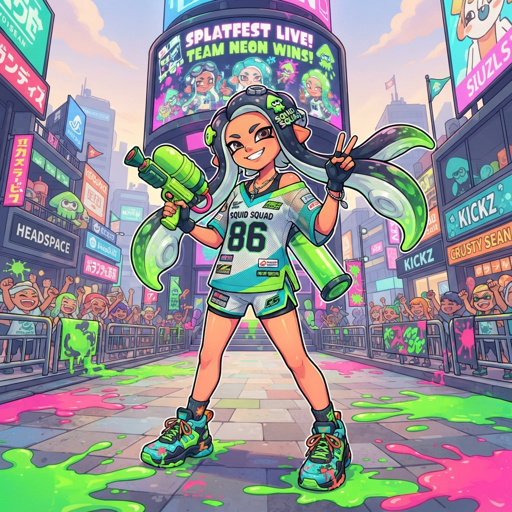 cool teen character with long tentacle hair with neon green tips, sporty jersey and shorts, chunky sneakers, ink splats on the ground, city square with a big screen tower, bright pop art cel shading