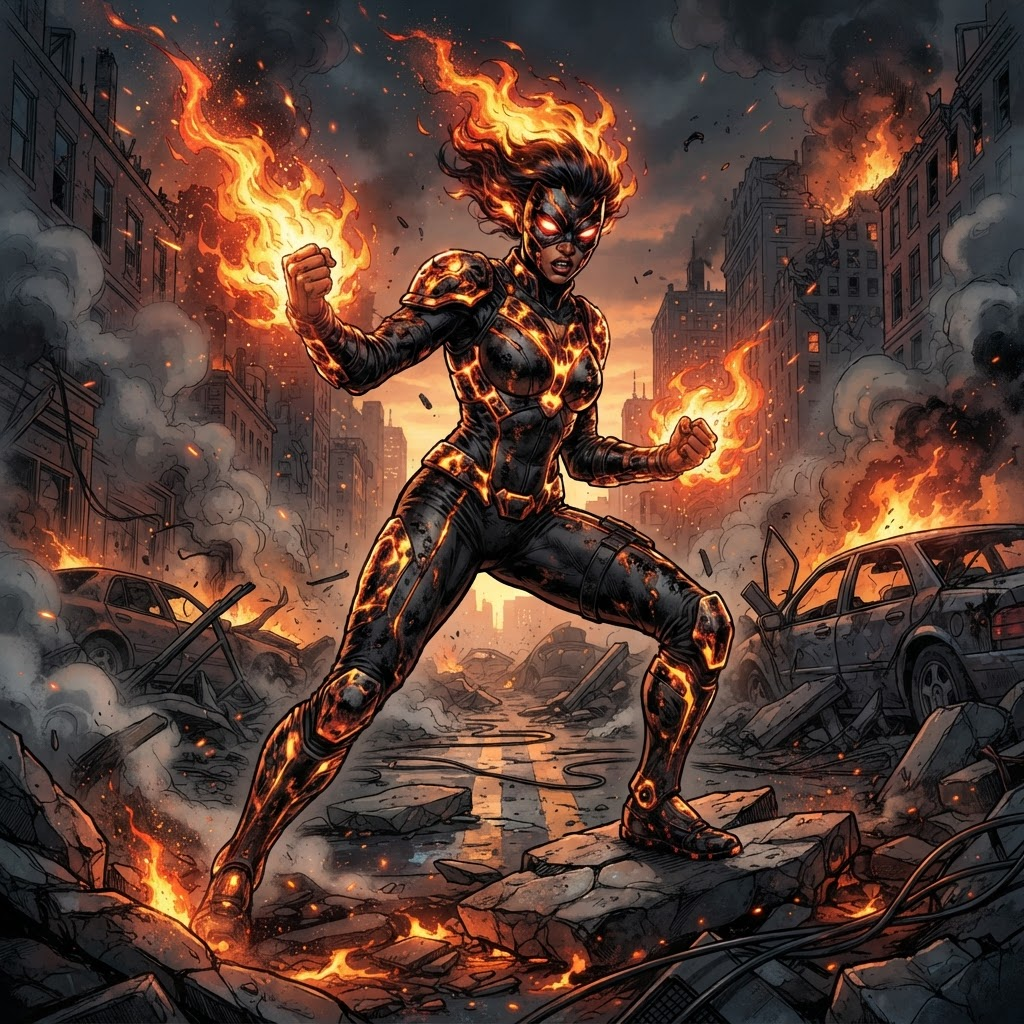 original fire-powered superhero mid-action, flaming fists, molten armor, ruined city street, Marvel comic book style