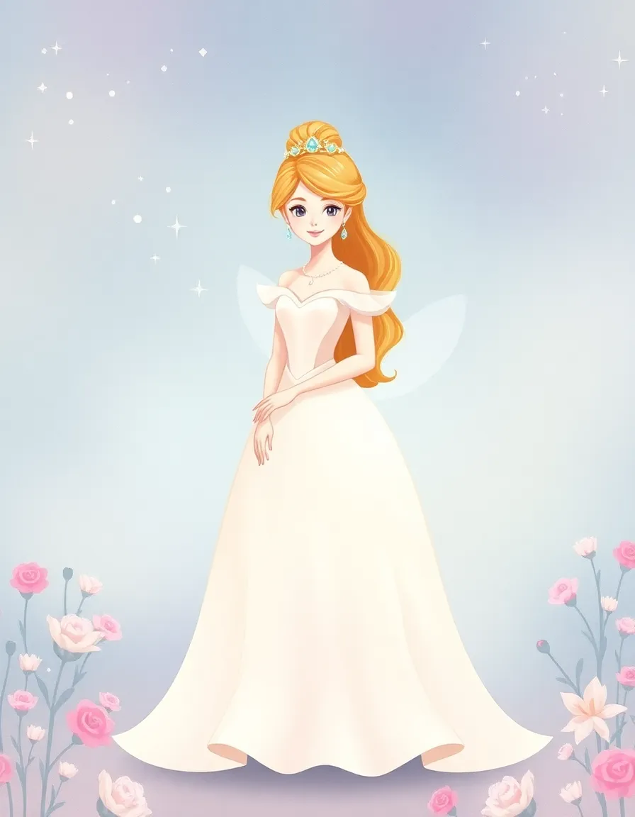 A simple fairytale princess, elegant, wearing a beautiful dress, soft pastel colors, standing in a magical setting, gentle and graceful, storybook illustration style
