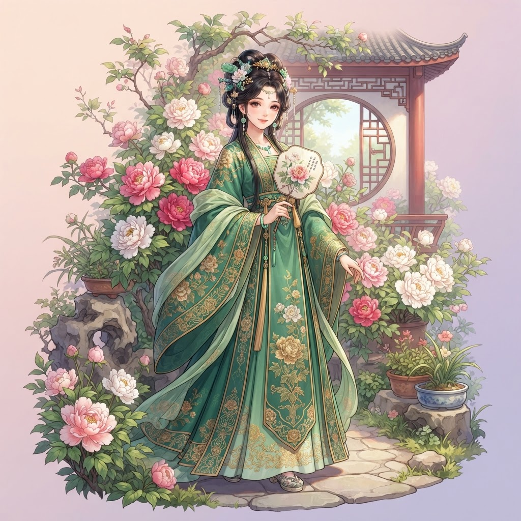 anime girl in a chinese imperial rear palace garden, embroidered green hanfu robes, hair pinned with jade ornaments, peonies behind her, clean soft gradient studio background, vibrant, crisp high detail, digital illustration, no text, no words