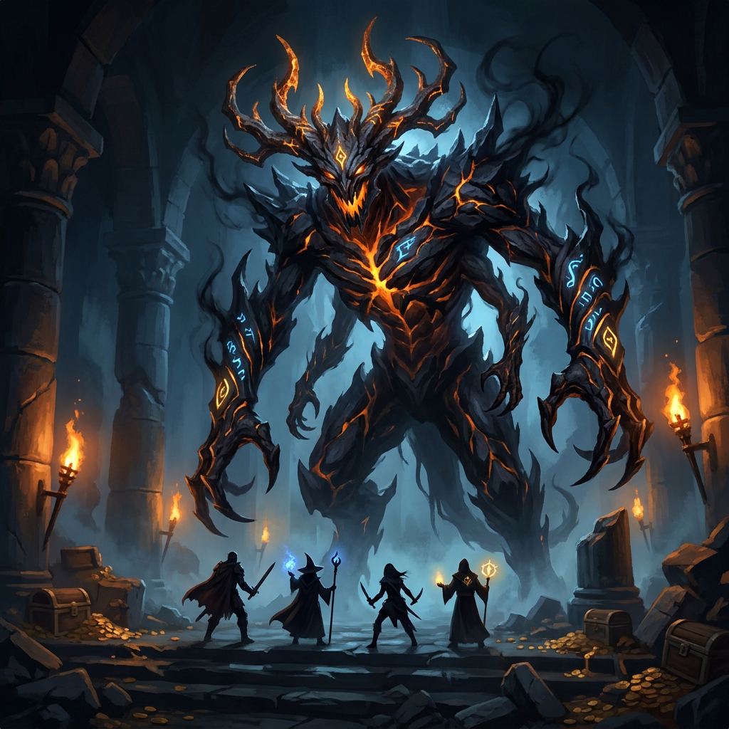 A dramatic tabletop RPG boss encounter concept art scene. A party of small silhouetted adventurers faces an original nightmare dungeon monster: a towering horned stone-and-shadow creature with glowing runes, multiple twisted limbs, molten cracks, and an ancient cursed crown. The battle takes place in a ruined temple with broken pillars, treasure, mist, and torchlight. The monster should look unique, memorable, and game-ready for a dungeon master’s campaign. Dark fantasy but not gory, cinematic scale, painterly high-detail, dramatic lighting, no readable text, no logos, no watermark.