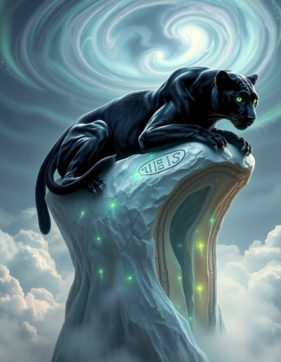 The sacred panther, a spectral guardian of forgotten realms, rests in flawless silence atop a towering altar woven from storm-wrought clouds hardened into veined, opalescent stone. Its sleek obsidian fur shimmers with an otherworldly glow, each strand whispering secrets of the celestial winds that carved this floating sanctuary. The altar, suspended between twilight and dawn, hums with latent energy—its surface etched with glowing runes that pulse like a slow, ancient heartbeat. Around the panther, wisps of silver mist curl and retreat, as if the very air reveres its presence. The creature’s emerald eyes, deep as cosmic wells, reflect the swirling auroras above, while its claws—polished to a mirror’s sheen—dig lightly into the cloud-stone, anchoring it to this sacred threshold between worlds. Every breath it takes is measured, deliberate, a silent vow to the unseen forces that bind the altar to the heavens.