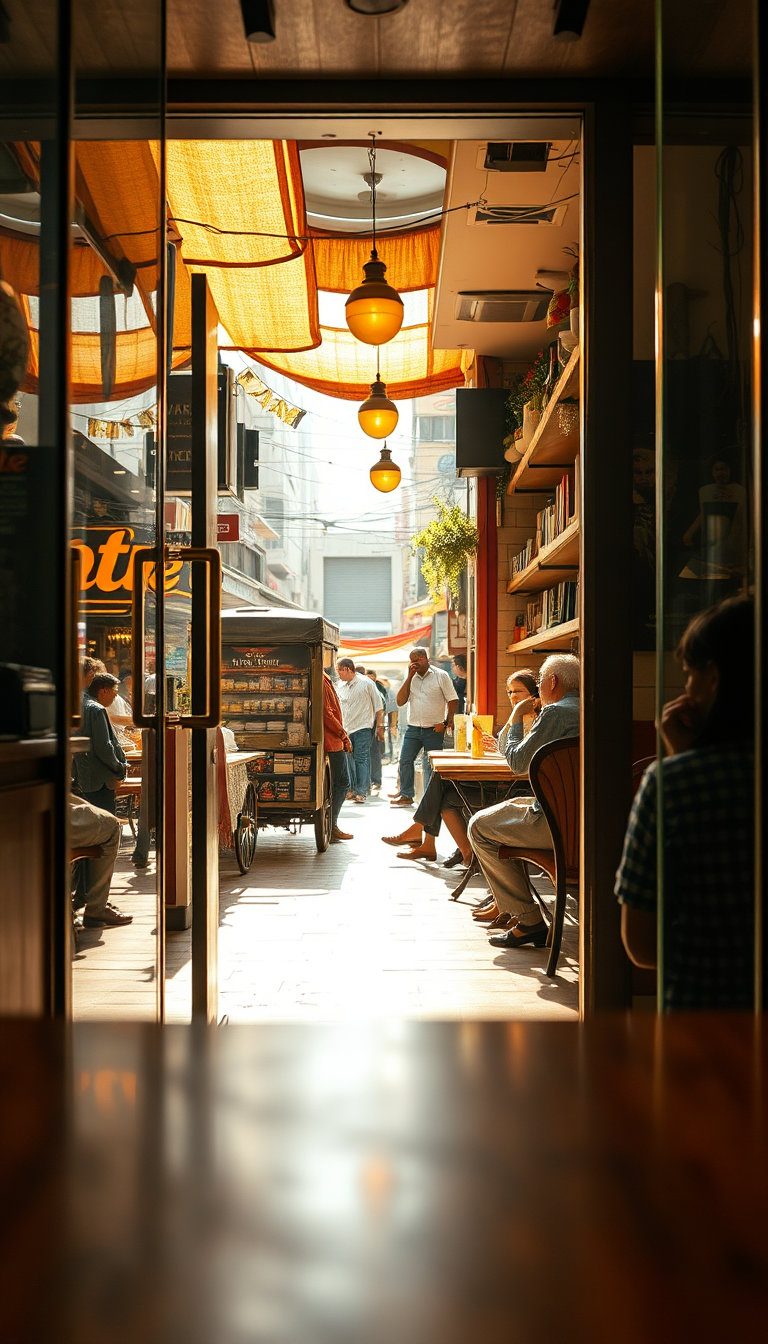 in a vibrant indian market street, a glass door swings open, allowing the camera to capture the warm, inviting atmosphere of a bustling "student cafe point." the surrounding shops and street vendors blur into the background as the camera enters, framing the quaint, vintage-style setting within. the warm, golden glow of "classical oil paintings" style cinematography fills the interior, contrasting with the harsh sunlight and bustling street scene outside.
natural light pours in through the glass door, casting subtle reflections on the polished surfaces, and illuminating the cozy corners of the cafe where students sit with an air of relaxation, engrossed in their books and conversations. every element of the setting seems lifelike, with intricate details that would not be out of place in a real mobile phone camera video, showcasing the seamless blend of modern technology and timeless charm.
the soft lighting and gentle shadows cast by the cafe's fixtures and decor add depth to the scene, creating an irresistible sense of warmth and comfort, reminiscent of an exceptionally crisp, ultra-realistic cinematic experience, with an incredibly detailed 4k resolution that showcases the vibrant colors and textures of the bustling cafe atmosphere.