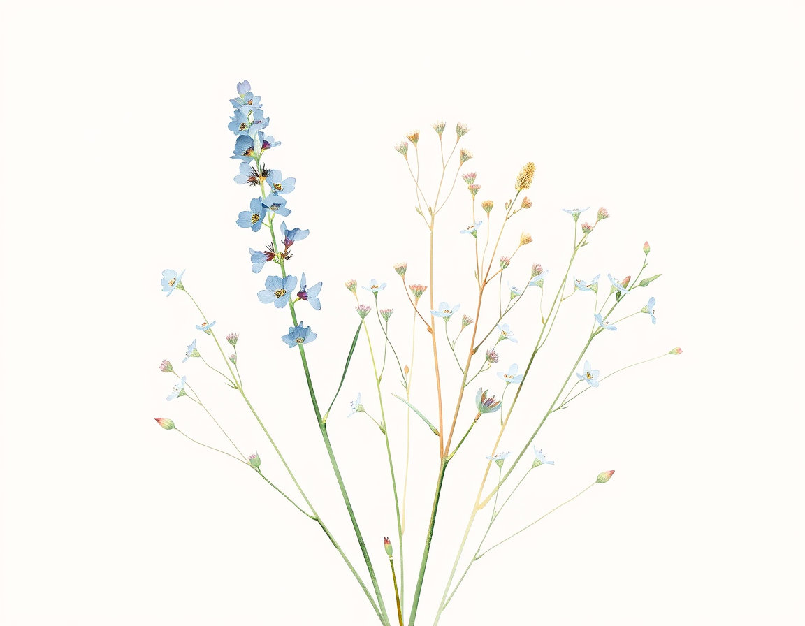A delicate watercolor illustration of a wildflower bouquet featuring soft blue flax flowers and delicate forget-me-nots. Elegant, slender green and beige stems, minimal fine-line ink details. Soft pastel lavender-pink background, clean composition, ethereal and airy feel, high-end botanical textile design style, isolated, minimalist aesthetic.