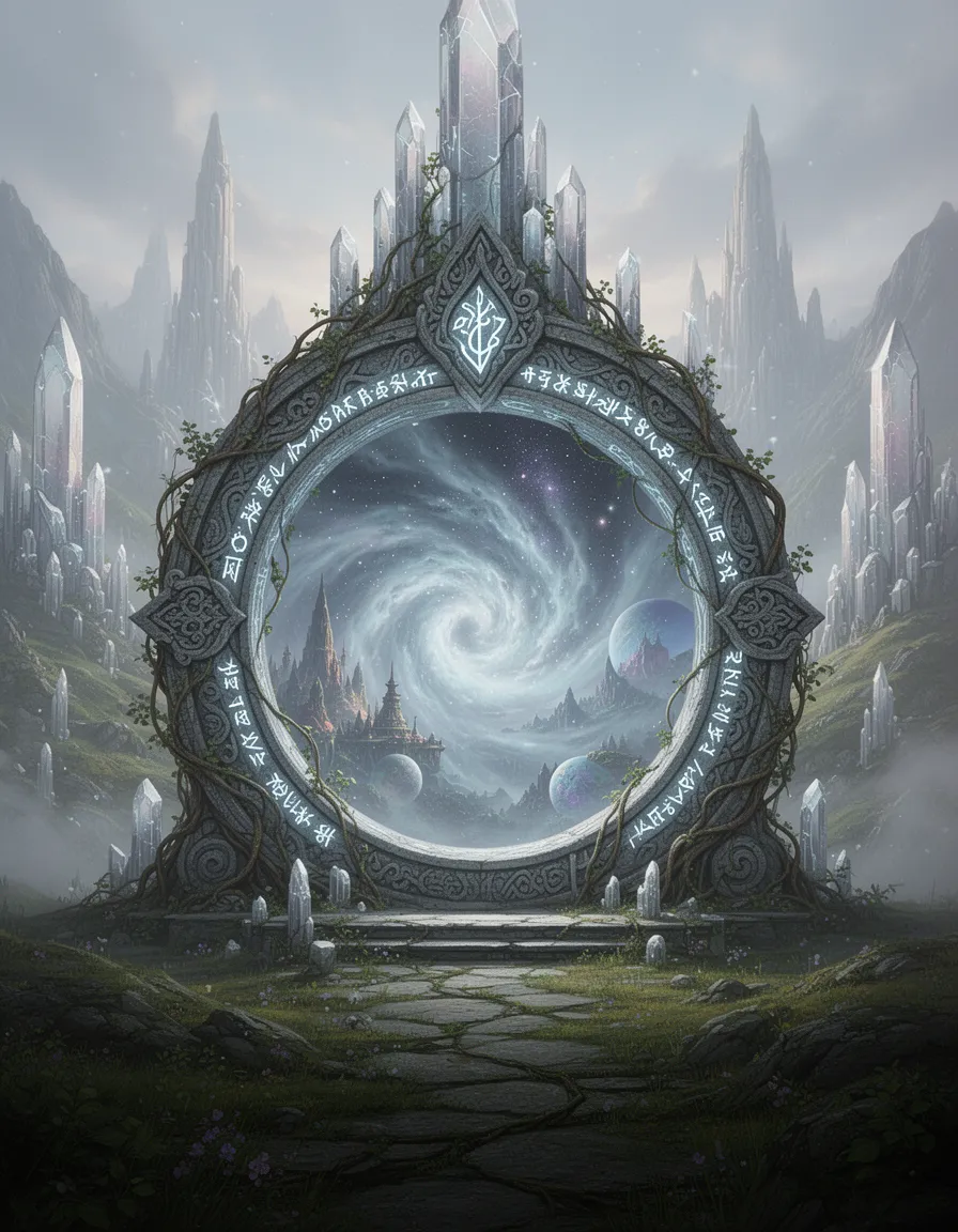 in a vast, mystical landscape, a grand, ornate portal stands majestically amidst a backdrop of undulating hills and towering crystalline spires, its circular gateway delicately framed by entwined vines that appear to have grown organically around the structure itself. the portal's exterior is adorned with intricate, ancient stone carvings that seem to shift and shimmer in the soft, ethereal light emanating from the runes, which display an otherworldly glow with hues of bluish-white, subtly evoking an air of mystery and arcane power. as the eye is drawn within the ring of the portal, a mesmerizing vortex of swirling mist and starlight reveals itself, echoing the likeness of a liquid night sky that seems to pulse with an energy all its own. hints of far-off, exotic landscapes and alien worlds linger just beneath the surface of the swirling mist, leaving the viewer with a sense of awe and wonder, beckoning them to step forward into the enigmatic portal.