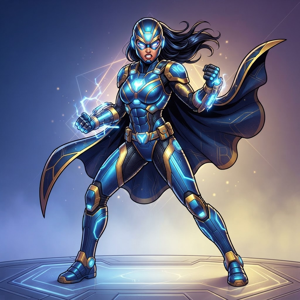 female Marvel-style superhero original character, armored suit with glowing accents, heroic pose