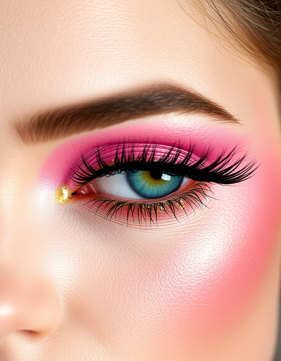 a close-up shot of a woman's eyes, styled with a trendy makeup look. the eye makeup features an acid pastel palette, with delicate soft pinks and baby blues blended with sharp, neon lime and electric magenta accents. the edges of the colors bleed, creating a visual vibration between gentle and intense. a chaotic, abstract explosion of pink and gold colors surrounds the eyes, adding dynamic and energetic flair. glitter is generously applied to the eyelids, and a glittery eyeliner enhances the eye shape, creating a dazzling and impactful bridal makeup look with a sense of corrosive sweetness and searing intensity.