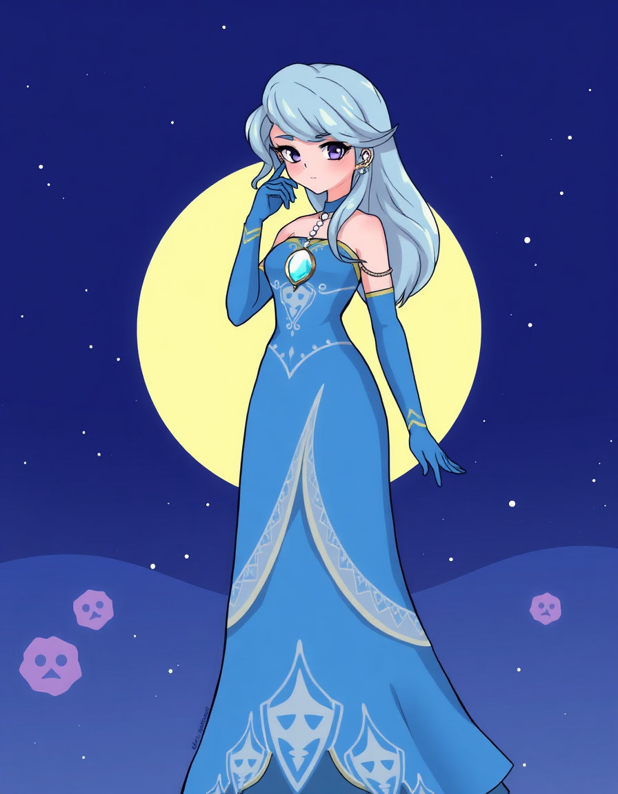 Make a steven universe oc, her name is luna, her gem is a moon, she wears a long blue dress, light blue hair, pansexual, pearls girlfriend, Connie see her as a sister, wears gloves, her hair covers her eyes