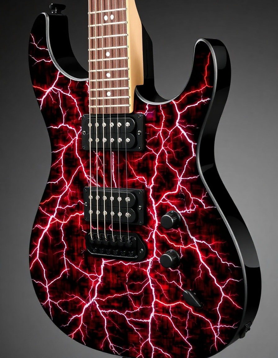 A Paul Reed Smith electric guitar featuring colored lightning crackle streaks on a black  body, and 2 black pickups.