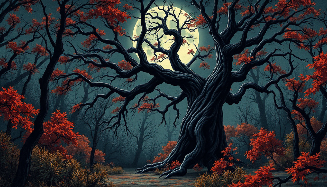 in a dense, moonlit clearing, surrounded by a tapestry of vibrant, autumnal foliage and twisted, gnarled tree branches that stretch up towards the star-filled sky, a foreboding, dark, and ominous presence comes into being: a massive, ancient, and withered black tree, its trunk twisted and tortured, its branches grasping for the heavens like skeletal fingers, its bark charred and blackened as if burned by some cataclysmic force, shrouding the surrounding forest in an aura of dark, malevolent energy. inspired by the masterful illustrations of j.c. leyendecker, this haunting, mystical scene is rendered in a style reminiscent of a vintage, 80s graphic novel, with bold, high-contrast lines and colors that seem to leap off the canvas, inviting the viewer to step into the eerie, mystical world that lies within. the vibrant, almost neon-like quality of the foliage and the surrounding atmosphere is a direct product of the artist's use of bold, digital colors, which seem to dance across the canvas with the frenetic energy of a digital oil painting, imbuing the scene with a sense of dynamic, kinetic energy that pulls the viewer inexorably towards the twisted, black tree at the scene's center. as if conjured from the very ether itself, the twisted, black tree seems to pulse with a malevolent, otherworldly energy, its presence seeming to warp and distort the surrounding foliage, as if reality itself is beginning to unravel in its presence. this is a place where the natural and supernatural worlds collide, where the boundaries between reality and myth blur and become indistinguishable. and yet, amidst the chaos and the darkness, there is a sense of painterly beauty, of a deep, abiding connection to the natural world that is evident in the subtle, nuanced textures and colors that seem to emerge from the very fabric of the painting itself. it is as if the artist has taken the twisted, gnarled tree at the scene's center and set it against a backdrop of vibrant, autumnal colors, creating a sense of dynamic, kinetic energy that seems to propel the viewer forward, into the very heart of the scene.