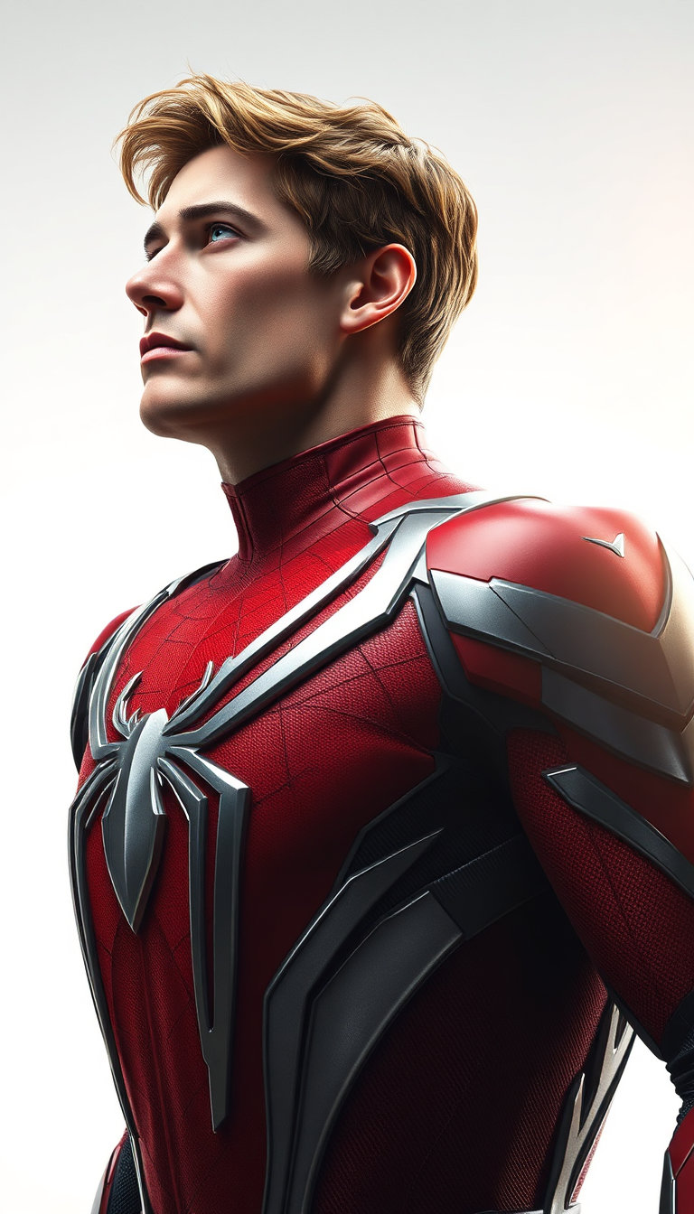 ## Style
- Medium: Digital painting, photorealistic illustration
- Technique: Hyper-realistic rendering, digital sculpting, subsurface scattering simulation
- Rendering Approach: PBR (Physically Based Rendering) workflow, ray-traced global illumination, volumetric light simulation
- Color Treatment: High-saturation primary palette, metallic silver accents, warm skin tones, cool shadow gradients
- Value & Contrast: High-key lighting, low-key shadows, extreme dynamic range, blown-out highlights
- Detail Density: Ultra-high fidelity, micro-texture resolution, pore-level skin detail, fabric weave simulation
- Era / Movement: Contemporary superhero realism, Marvel Cinematic Universe aesthetic, 2010s CGI influence
## Subject
- Identity / Type: Male superhero protagonist, Spider-Man variant (Iron Spider suit)
- Pose & Gesture: Three-quarter profile, head turned left, gaze directed upward and forward, shoulders relaxed but alert
- Distinctive Features: Wavy light brown hair, defined jawline, intense blue eyes, subtle facial tension
- Clothing or Equipment: Red and silver armored suit with web-pattern texture, metallic chest emblem, segmented shoulder plating, ribbed fabric texture
- Scale & Proportion: Human-scale figure, cropped from mid-torso up, heroic proportions, elongated neck and torso
## Environment
- Location Type: Studio or void space, non-descript white background
- Time of Day: Indeterminate, simulated daylight or studio lighting
- Weather & Atmosphere: Clear, haze-free, ethereal glow
- Foreground Elements: None, subject dominates frame
- Background Elements: Pure white gradient, no environmental context
- Architectural or Natural Features: None
## Mood
- Primary Emotional Tone: Determined, heroic, introspective, vigilant
- Energy Level: High, poised for action
- Tension or Calm: Controlled tension, calm resolve
- Genre Association: Superhero, blockbuster film still, comic book realism
## Lighting
- Light Source(s): Strong backlight from right, frontal fill from left, rim light from behind
- Direction: Backlit, side-lit, top-down ambient fill
- Quality (Hard / Soft): Hard-edged highlights, soft-edged shadows, diffused fill
- Color Temperature: Warm key (5600K–6500K), cool fill (7000K+), neutral midtones
- Key-to-Fill Ratio / Contrast: High contrast, 4:1 to 8:1 key-to-fill ratio
- Shadow Character: Deep, directional shadows under chin, nose, and suit creases
- Atmospheric Light Effects: Lens flare, bloom effect on shoulders, halo glow around head
## Composition
- Framing & Crop: Tight bust shot, vertical orientation, cropped at waist
- Camera Angle: Slightly elevated eye level, slight dutch angle tilt
- Subject Placement: Right-aligned, left side of frame open for negative space
- Compositional Rules in Use: Rule of thirds, diagonal line of sight, leading lines from suit geometry
- Depth Layers: Minimal depth, subject isolated against flat background
- Negative Space: Large white area on left, emphasizes subject’s silhouette and gaze direction
## Texture
- Primary Materials: Synthetic spandex-like fabric, metallic alloy plating, glossy polymer accents
- Surface Quality: Smooth but detailed, micro-scratches on armor, fine fabric grain
- Reflectivity & BRDF Character: Anisotropic specular highlights on metal, diffuse Lambertian reflection on fabric, glossy Fresnel effect on edges
- Wear, Patina, & Imperfections: Clean, pristine condition, no visible damage or aging
## Camera
- Shot Type: Medium close-up, portrait orientation
- Implied Focal Length: 85mm-equivalent, shallow depth of field
- Depth of Field & Aperture Feel: Shallow DOF, f/1.4-equivalent aperture, subject in sharp focus, background completely out of focus
- Bokeh Character: Circular bokeh, smooth transition from subject to background
- Lens Artifacts: Subtle chromatic aberration on edges, slight vignetting, digital bloom on highlights