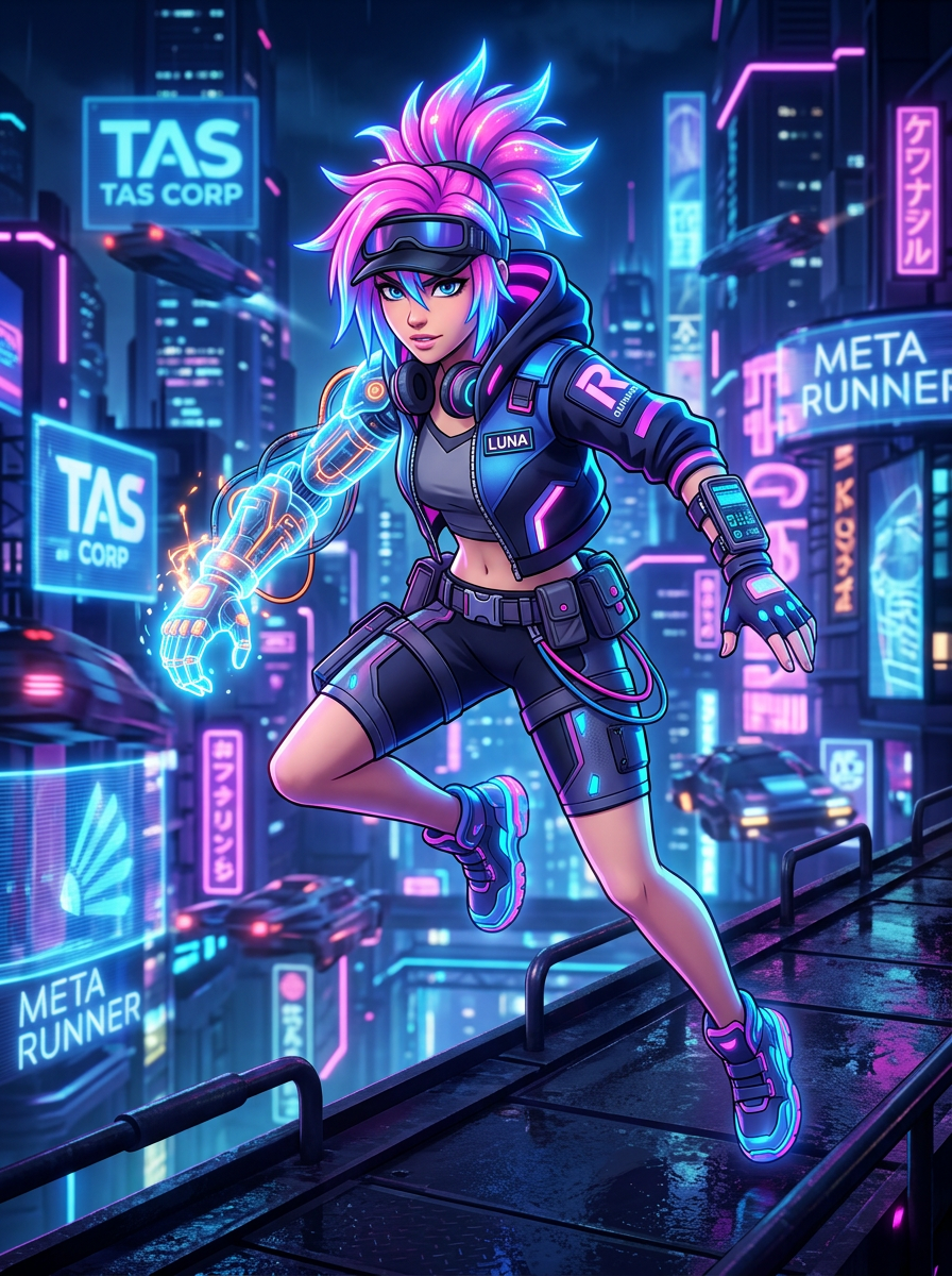 Original character for the animated series Meta Runner: a cyberpunk gamer girl with a glowing cybernetic arm and neon hair, full body, stylized 3D anime style, neon-lit futuristic city, dynamic pose