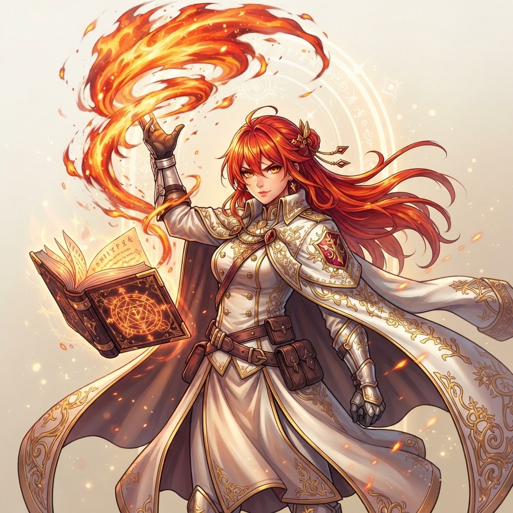 Original anime flame mage captain character with ornate white and gold captain cloak, fire magic spiraling from raised hand, glowing grimoire floating beside them, shonen fantasy anime style, clean soft gradient studio background, vibrant, crisp high detail, digital illustration