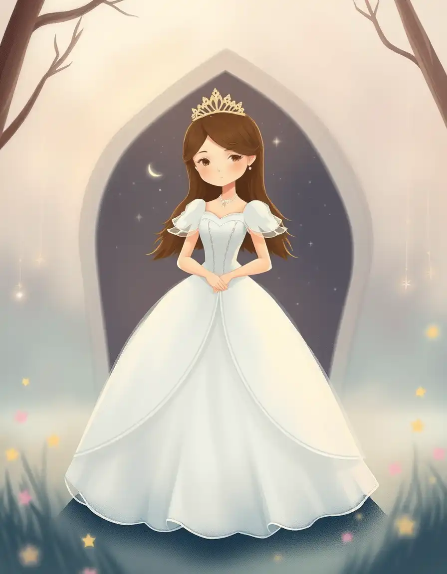 A simple fairytale princess, elegant, wearing a beautiful dress, soft pastel colors, standing in a magical setting, gentle and graceful, storybook illustration style
