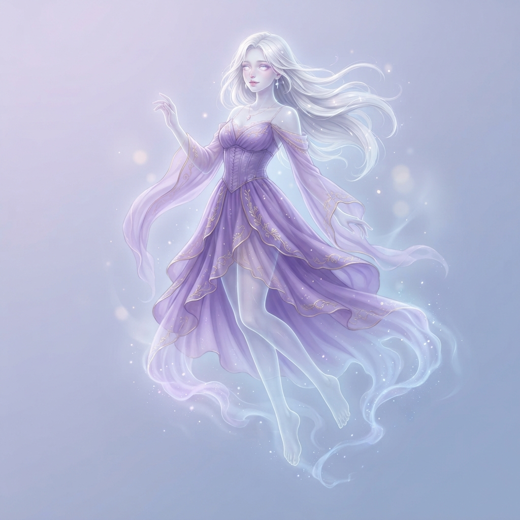 an original ghost character, a translucent pale girl with long white hair and a flowing purple dress, drifting in the air, full body original character design, clean soft gradient studio background, vibrant, crisp high detail, digital illustration, no text, no words, no watermark