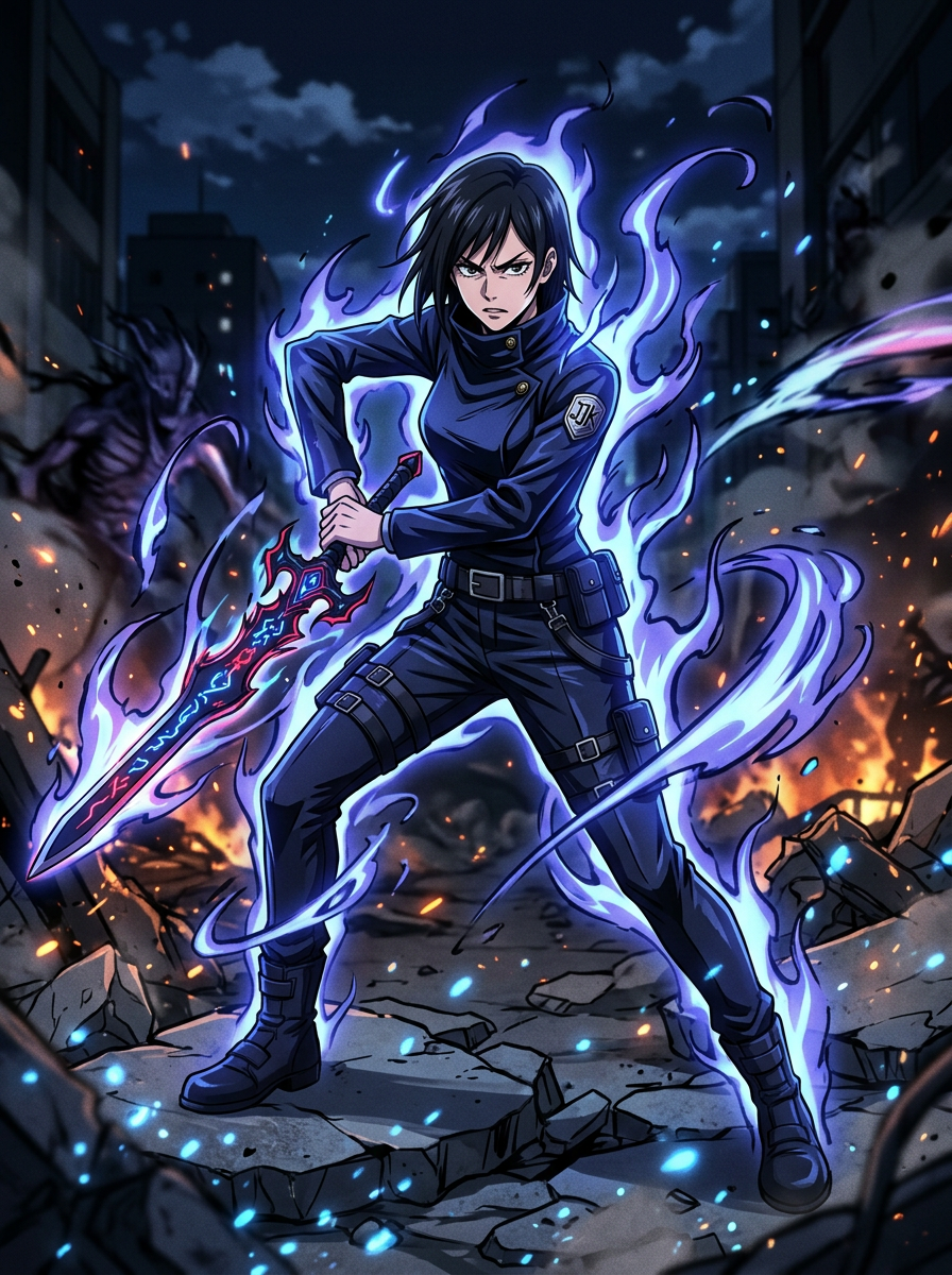 an original jujutsu sorcerer character, confident battle stance, glowing cursed energy swirling around the body, sleek dark sorcerer uniform, signature weapon, Jujutsu Kaisen anime style, cinematic MAPPA-inspired action, crisp cel shading, dynamic cursed-energy effects, dramatic ink linework, high-contrast lighting, fluid action poses, detailed sorcerer uniforms, intense facial expressions