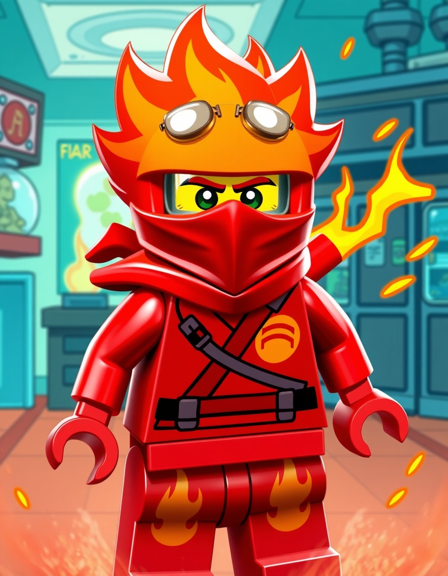Fire from “Fixiki” redesigned as a LEGO Ninjago red ninja minifigure. He has Fire’s hairstyle and goggles adapted to LEGO style, wearing a red ninja outfit with golden flame symbols. Bright cartoon background with a lab and energy sparks, dynamic action pose.