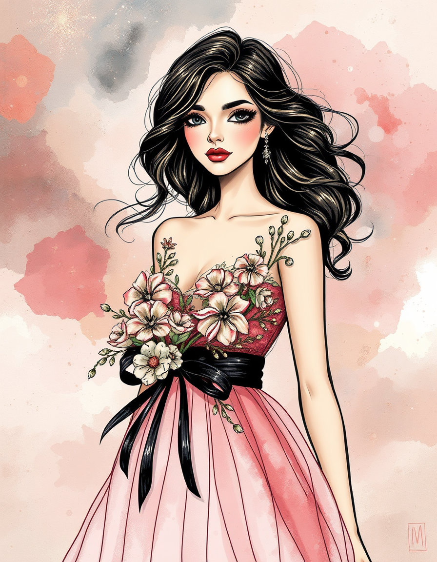 a celestial figure in a nature‑woven dress of stardust, galaxy‑born flowers and shimmering particles stands amid layered transparent nebula watercolor, but rendered in chic illustration art style: elegant, glamorous, with soft feminine tones of blush pink, pastel hues and metallic gold, contrasted by bold black accents. the portrait features a high‑fashion close‑up face with dramatic expressive eyes, stylized contours and bold linework, while the dress retains its ethereal pastel‑toned texture. the background nebulae swirl in dreamy washes, highlighted by dynamic sketch‑like brushstrokes and luxurious accents, blending cosmic atmosphere with a fashionable, chic illustration aesthetic.