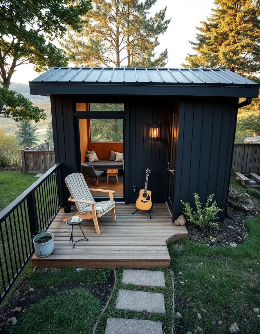 small property in suburban ontario, port stanley with lake view, a very small but cute 12x12 modern cabin in a backyard, 45 degree angle from above, looks like an amazing tiny Airbnb, chair out on deck, guitar, coffee, glass window overlooking rolling hills, charcoal‑wood paneled walls, studio space, steel roof, s‑shaped path leading to front door, on its own and surrounded with greenery, warm natural light, calm mood, tranquil reset space, architectural, minimal, modern, calm, peaceful, looks inviting and warm, dwell cover worthy