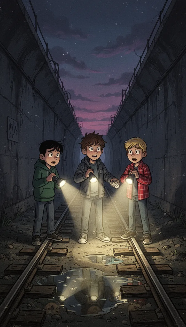 drawn in dark, cinematic cartoon style, with heavy shadows, dramatic lighting, night-time setting, detailed line work and an eerie, surreal atmosphere, inspired by adult animated shows and noir comics, subtle neon glow, slightly distorted facial expressions, thick outlines, VHS effect, muted colors, and vintage textures, stylized background with twilight skies, mysterious environment, and emotional tension, 4K highly detailed painting, aspect ratio 9:16. The three friends shining powerful flashlights toward the source of the whistle. First boy with short black hair, dark green hoodie. Second boy with messy brown hair, gray jacket. Third boy with blond hair, red plaid shirt. Bright flashlight beams reveal empty railway tracks, wet concrete walls, puddles reflecting dim light, and endless darkness. No person is visible. No movement can be seen. The mystery intensifies as the tunnel appears completely deserted.
