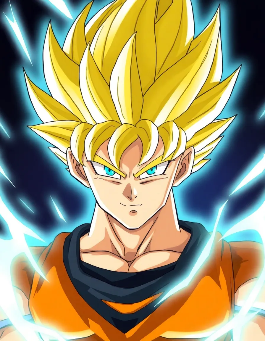 Original Super Saiyan character, golden spiky hair, intense blue eyes, muscular build, energy aura, Dragon Ball Z anime style, epic portrait