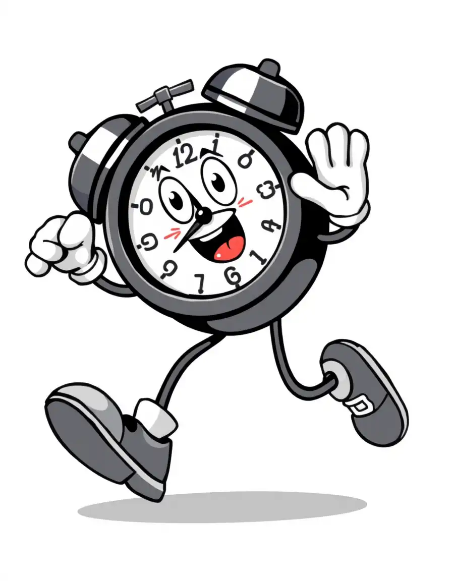 Base Style Prompt: ...in the style of 1930s rubber hose animation, retro vintage cartoon mascot, thick bold black outlines, flat vector colors, white gloves, pie eyes, no gradients, clean simple design, isolated on a pure white background --ar 1:1
A cute vintage alarm clock character running frantically, sweat droplets, ringing bells, wearing oversized shoes and white gloves, in the style of 1930s rubber hose animation, retro vintage cartoon mascot, thick bold black outlines, flat vector colors, pie eyes, no gradients, clean simple design, isolated on a pure white background. best