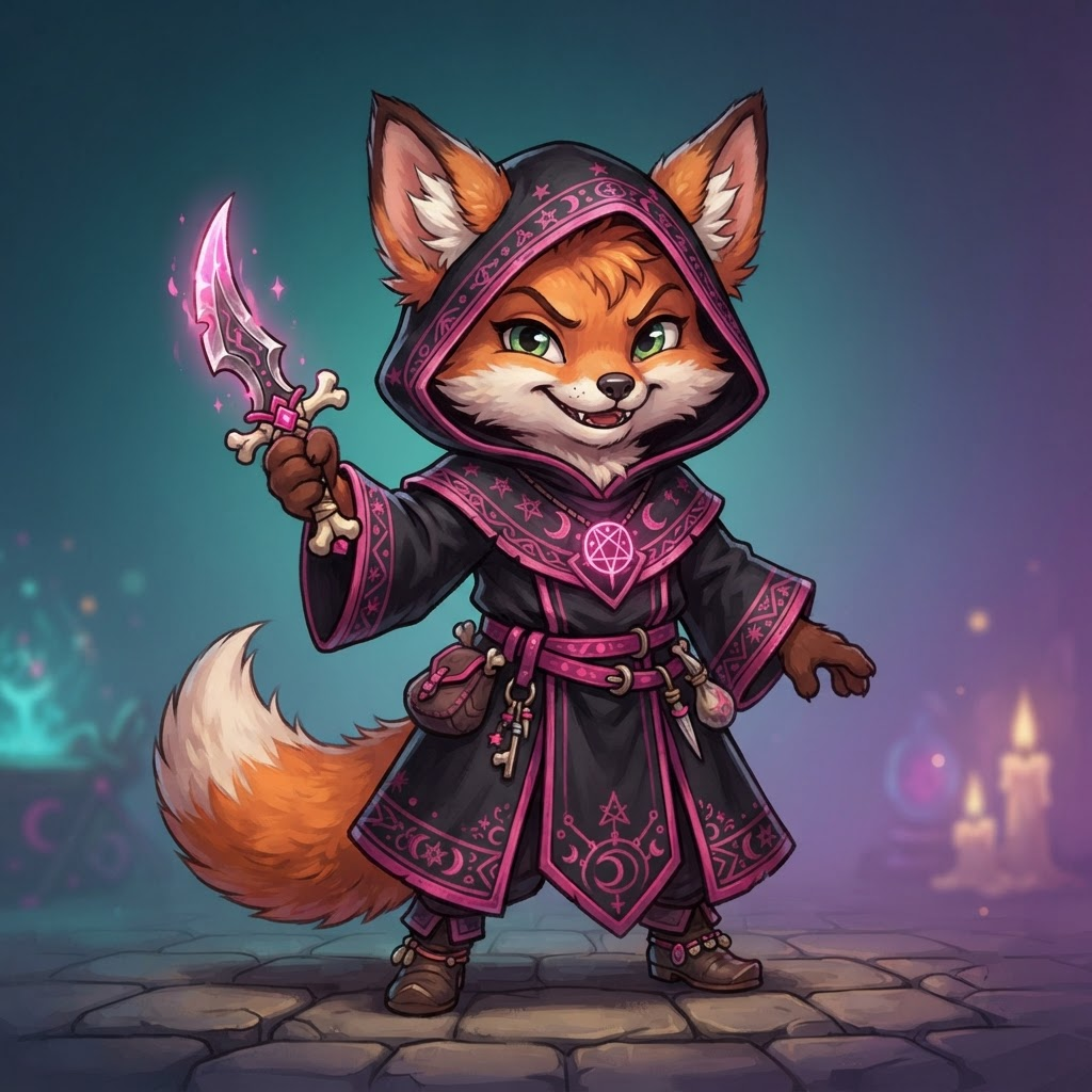 a cute cartoon fox cultist character in a black hooded robe with pink accents, whimsical dark storybook indie game art style