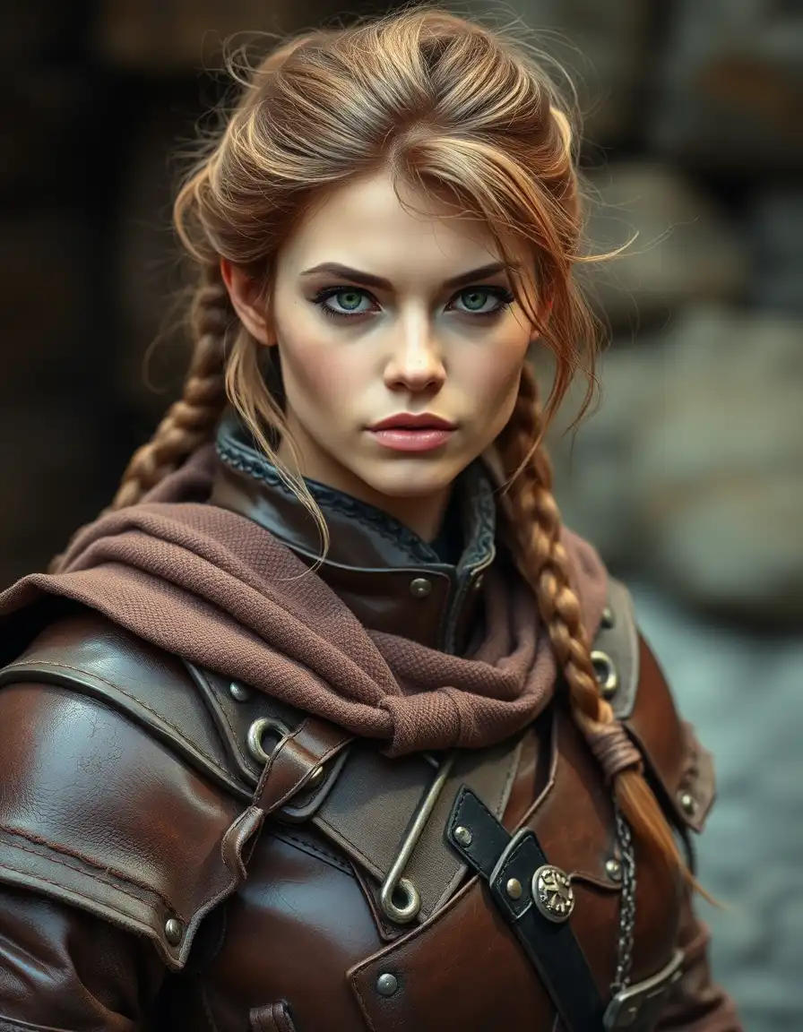 Vintage dungeons and dragons, a female warrior (perfect eyes), wearing leather armour, (intricate details)