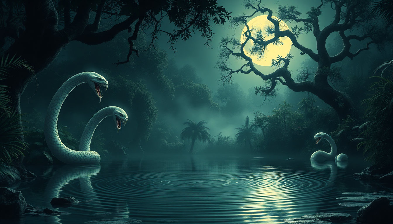 in a hauntingly serene scene, amidst the eerie tranquility of a moonlit, mist-shrouded, and ancient creepy jungle, lies a foreboding pond, its glassy surface reflecting the tenebrous sky above. the air is heavy with the sweet scent of blooming exotic flowers and the distant calls of nocturnal creatures, yet an unsettling atmosphere pervades the atmosphere, as if the very fabric of nature is being warped by some unseen force. from the depths of the pond, pale, ethereal tentacles rise like specters, their snake-like heads contorted into twisted, macabre grins, defying the laws of nature with an otherworldly presence. the water's ripples create an illusion of rippling light, casting an eerie glow across the surrounding foliage. in the background, the dense jungle foliage stretches towards the sky, its twisted, gnarled tree limbs like tortured fingers, their leaves a deep, foreboding green, illuminated by an eerie, flickering moonlight that casts ominous shadows across the forest floor. the characters, should they exist, would be conceived with concept-art quality refinement, showcasing fine brushwork, layered glazes, and organic texture that would give the illusion of living beings, set against the dreamlike, surreal backdrop of a fantastical jungle. inspired by the vivid, expressive lines of j.c. leyendecker's vintage artwork, coupled with the hyper-realistic finesse of digital oil painting, and the painterly, handcrafted essence of the paintery medium, this image would be a masterful blend of style and realism, where the boundaries between reality and the fantastical blur, transporting the viewer to a world of eerie beauty and unspoken terror.
