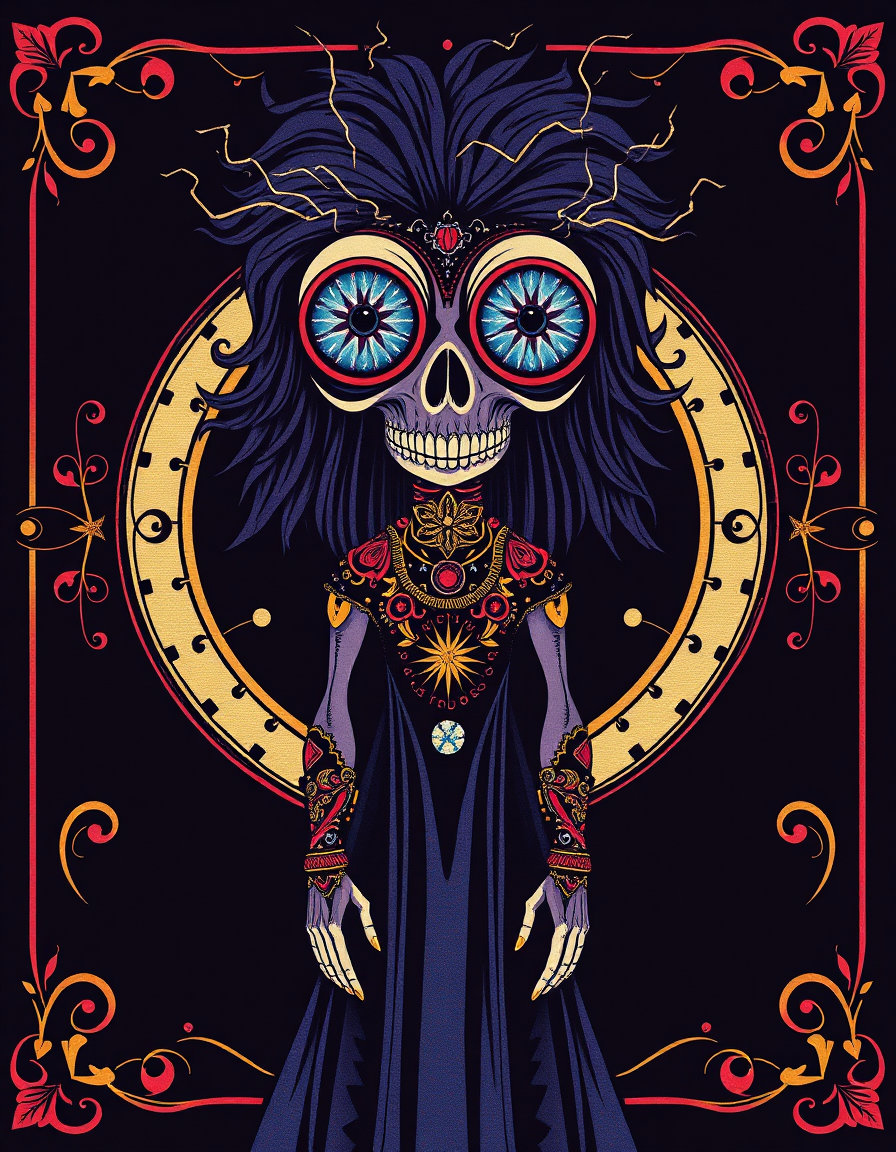 a fully dressed fictional plague doctor woman
living‑canvas skin standing in a pitch‑black void, huge head, tiny body, oversized expressive eyes reflecting twin galaxies, hair hovering with static energy, aurora‑shaped tattoos on face, neck, and hands, rendered in clean thick outlines and bright monochrome accents; depicted in a coptic textile style with bold graphic outlines, mosaic‑like pixelated forms, deep purple, madder red, golden yellow and indigo motifs on a cream linen background, medallion and vine scroll patterns framing the figure.
