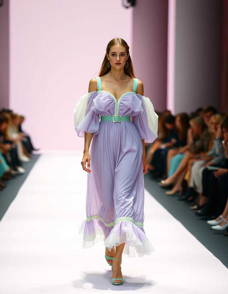 Lomography Color Negative — cinematic runway image of a female model on a fashion show runway walking towards the camera in a pastel Dior day dress with lagenlook volume and punk‑mint trim. Unique palette: pastel lavender, mint, soft cream.