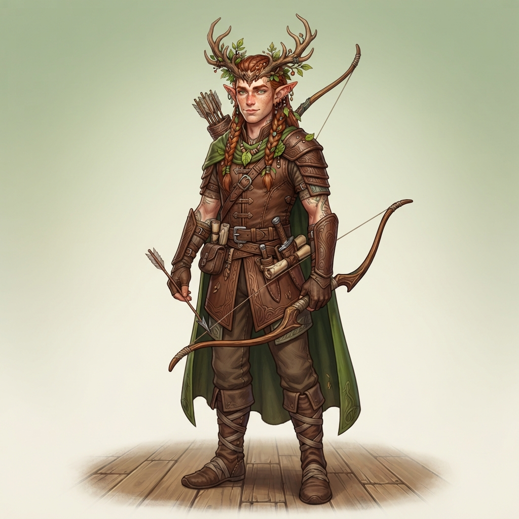 original character design of a wood elf man in brown leather armor, freckles, antler and leaf headpiece, pointed ears, full body standing pose, clean soft gradient studio background, vibrant, crisp high detail, digital illustration, no text, no words, no watermark