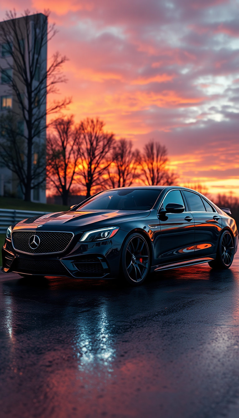 photorealistic 8k, hyperrealistic cinematic lighting, heavy fusion of 2026 Mercedes S-Class and Cadillac CT5-V Blackwing, dominant Cadillac DNA, massive aggressive vertical chrome grille like classic Cadillac, muscular long hood with sharp power bulges, bold American muscle lines mixed with Mercedes length, deep glossy black paint with strong iridescent purple-red shift, huge blacked-out multi-spoke wheels with red calipers, low wide aggressive stance, thick chrome window trim and side accents, Cadillac-style rear end with quad exhausts, dramatic sunset reflections on wet asphalt, ultra detailed chrome, carbon and leather, luxury muscle sedan, masterpiece, best quality