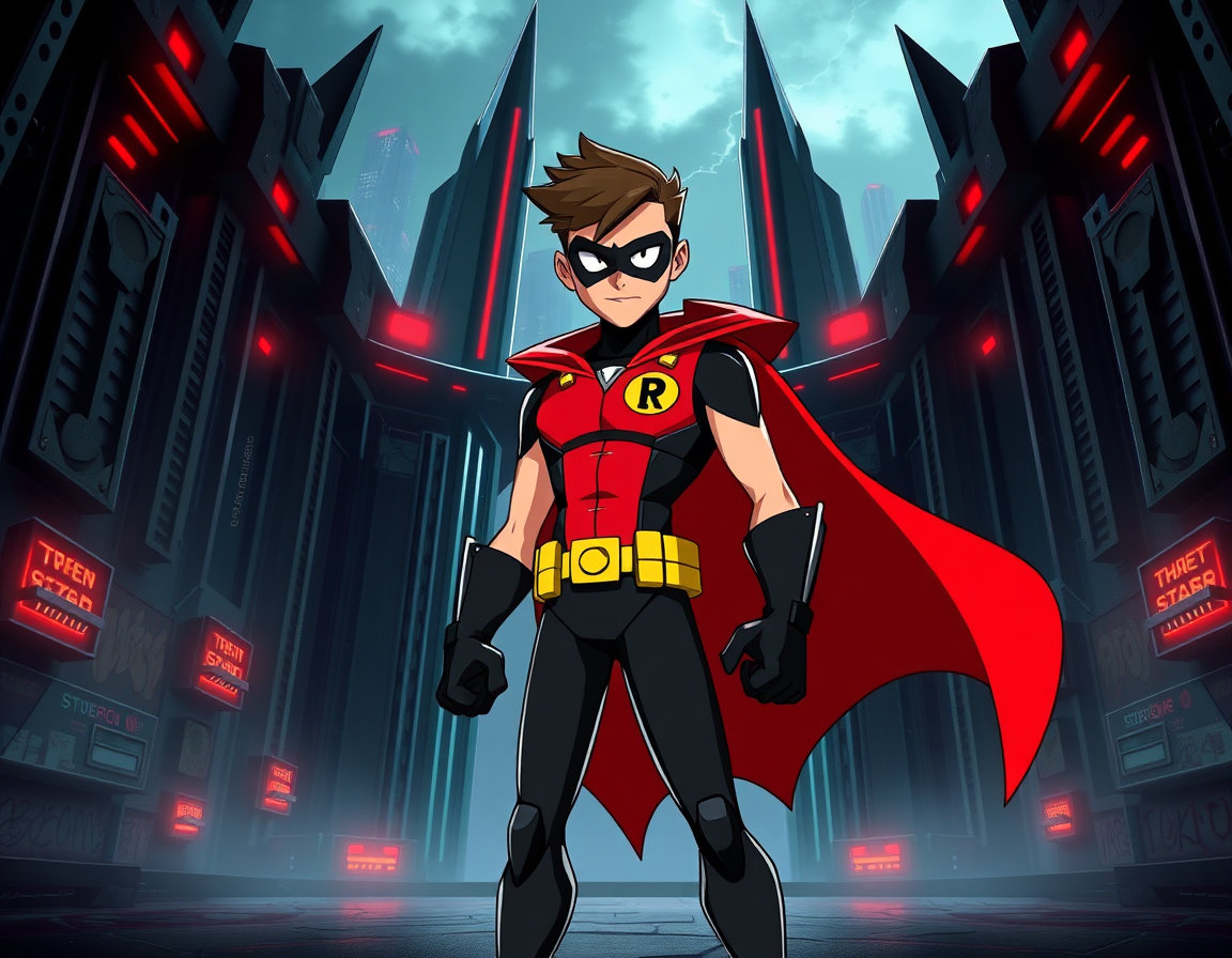 realistic robin from teen titans go, depicted as a sharply detailed, lifelike teenage superhero in a sleek, modern costume with a bright red cape, yellow “r” emblem, and black tactical armor, standing confidently in the foreboding entrance of his massive, evil‑looking headquarters in jump city; the headquarters is a towering, fortress‑like complex of dark steel and glass, illuminated by ominous red lights, jagged spires, and heavy reinforced doors, surrounded by a misty, gritty urban skyline of jump city with towering skyscrapers, neon signs flickering, and distant thunderclouds; the scene emphasizes robin’s powerful, intimidating presence, his determined expression, clenched fists, and the intimidating, powerful aura radiating from the base, with intricate details such as graffiti‑covered walls, high‑tech control panels, and looming shadows that convey a sense of menace and authority.