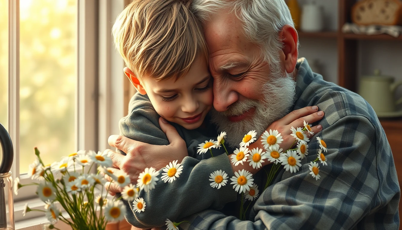 A deeply emotional and heartwarming scene featuring a gentle-natured young boy with a dusting of freckles gently cradling and protecting a gentle, silver-haired grandfather with laugh lines around his eyes. Nearby, there is a vibrant bouquet of freshly picked wild daisies. The entire moment is set within a cozy, sunlit kitchen nook filled with the warmth of baking bread. The imagery evokes a powerful sense of love, connection, pure tenderness, and gentle nostalgia. Visual style: An expressionist approach focusing on rich, emotional texture, warm tactile brushstrokes, and deep, resonant color harmony.