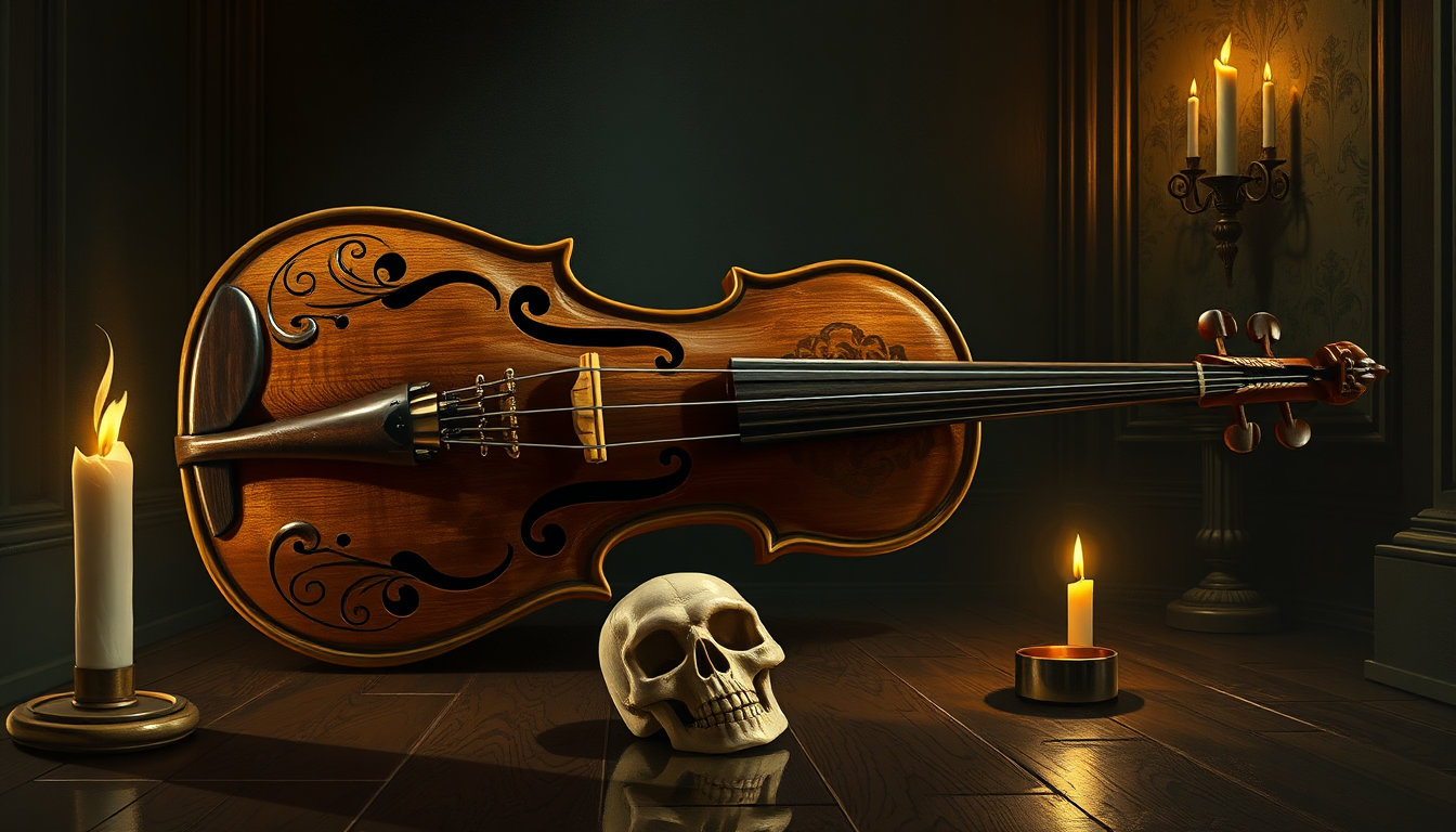 in a haunting, dimly-lit chamber, a masterfully crafted, j.c. leyendecker-inspired work of art unfolds, boasting vintage lines, intricate hard-cel shading, and a mesmerizing palette reminiscent of an 80s graphic novel. dominating the scene, against a richly detailed, matte-painted background, lies an eerie, creepy violin carved from ancient bone, its surface adorned with macabre, gnarled patterns. the instrument's haunting beauty is juxtaposed against a sleek, ornate frame adorned with subtle, art deco motifs, echoing the flair of the roaring twenties. at the violin's base, a delicate, hand-carved skull gapes in a macabre, knowing grin, adding an air of whimsy to this eerie assemblage. meanwhile, in the foreground, a lone figure sits amidst the shadows, lost in thought as they grasp the instrument's worn, wooden body, their fingers barely touching the intricate, bone-carved strings. the atmosphere is heavy with foreboding, the only light emanating from a distant candle casting eerie, swirling shadows across the polished, dark wood floor. every detail is imbued with a sense of nostalgia and mystery, reflecting the digital oil painting style's focus on vibrant, hyper-realistic depictions. every brushstroke, every glaze, every textured line seems to leap from the image in a testament to the mastery of the paintery medium. in the midst of this eerie, vintage-inspired setting, a masterwork of macabre beauty has been crafted, where the haunting, atmospheric quality of the j.c. leyendecker style converges with the digital oil painting's vibrant, refined sensibilities, all set against the haunting backdrop of an ancient, macabre instrument, a creepy violin carved in bone with a skull.