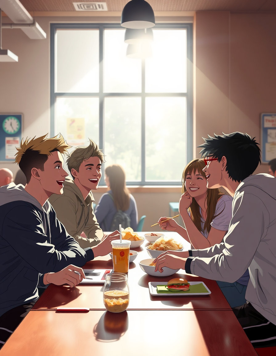 A diverse group of four high school friends laughing together around a busy cafeteria table, sharing lunch and telling jokes, brightly sunlit from a nearby window, candid and joyful, cinematic lighting, photorealistic. create anime image