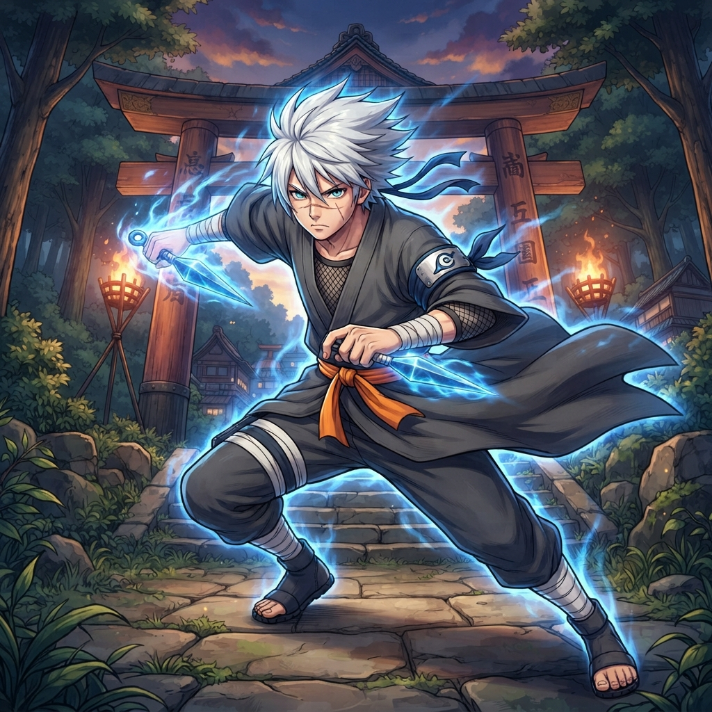 teen ninja boy with spiky white hair and a scar across his nose, loose grey robes with an orange sash, headband tied on his arm with a wave symbol, blue chakra glow, dynamic kunai stance, anime style, forest village gates at dusk
