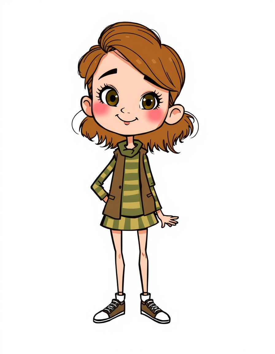 Transform the subject from the uploaded image into a character in the style of Charlie and Lola (children's cartoon). Match the official cartoon look - thin sketchy outlines, flat colors, childlike proportions, playful hand-drawn charm, and simple textures.
Retain the subject's original clothing, hairstyle, facial features, accessories, skin tone, pose, and expression - but reinterpret them as if they belong in the Charlie an