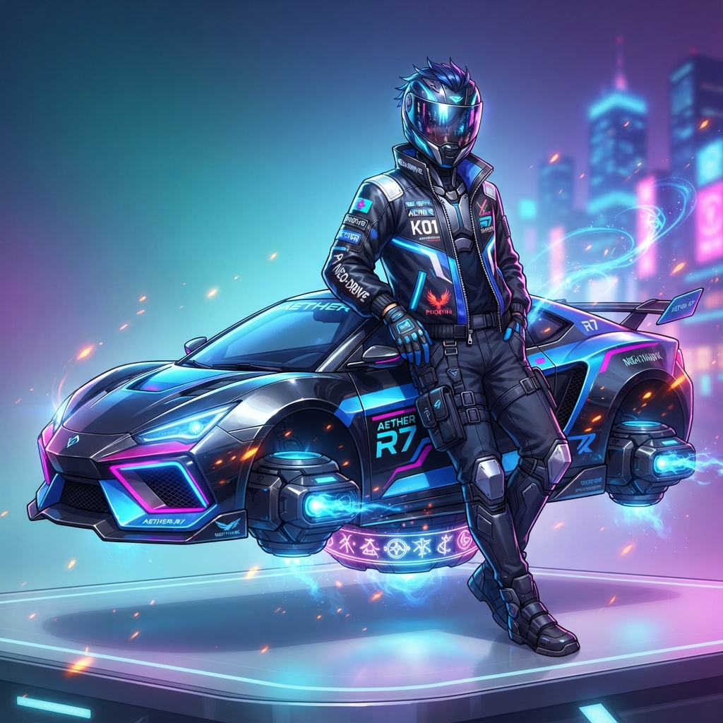 original character: a sharply dressed driver in a racing jacket and tinted visor leaning on a hovering sports car, high-gloss urban supernatural anime game art, clean soft gradient studio background, vibrant, crisp high detail, digital illustration