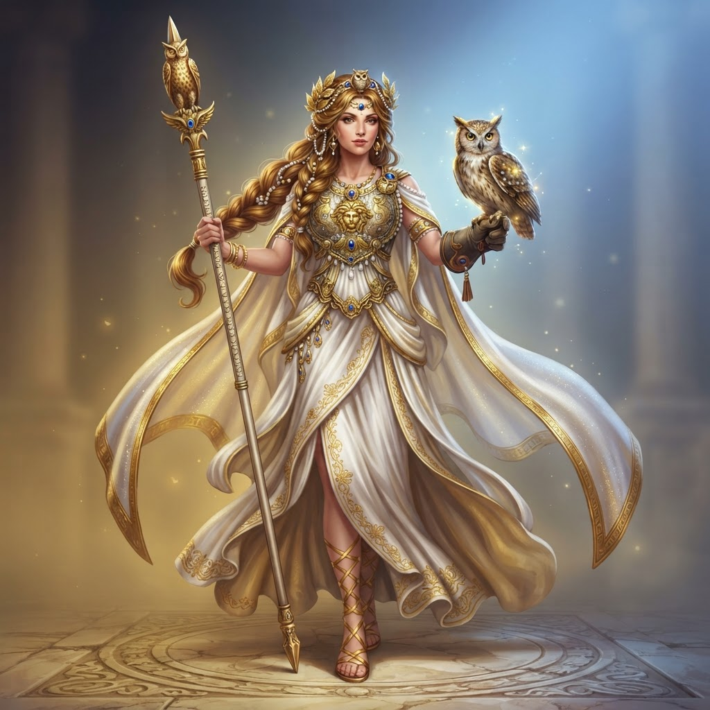 original character Greek goddess of wisdom, elegant female deity with owl and spear, flowing white and gold robes