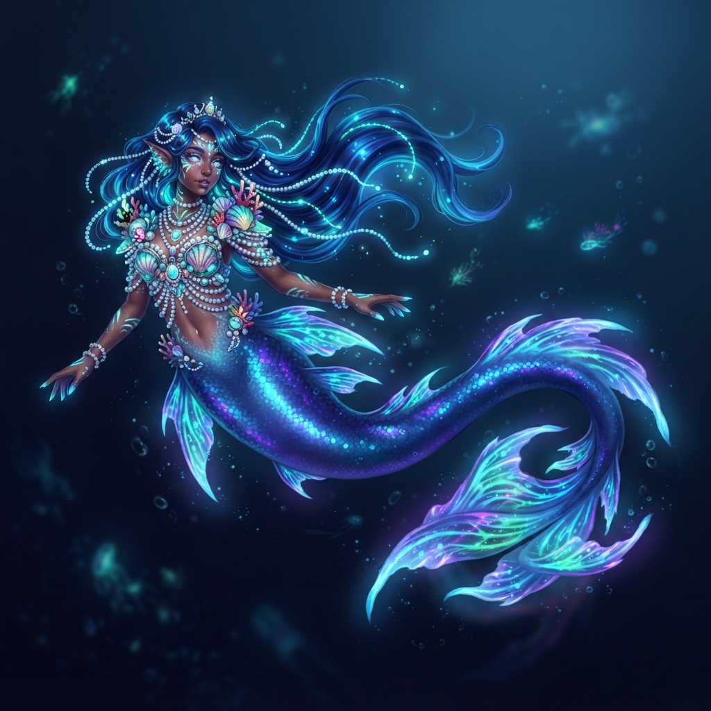 original character, deep sea mermaid with bioluminescent fins and pearl armour, floating pose, clean soft gradient background, vibrant, crisp high detail, digital illustration