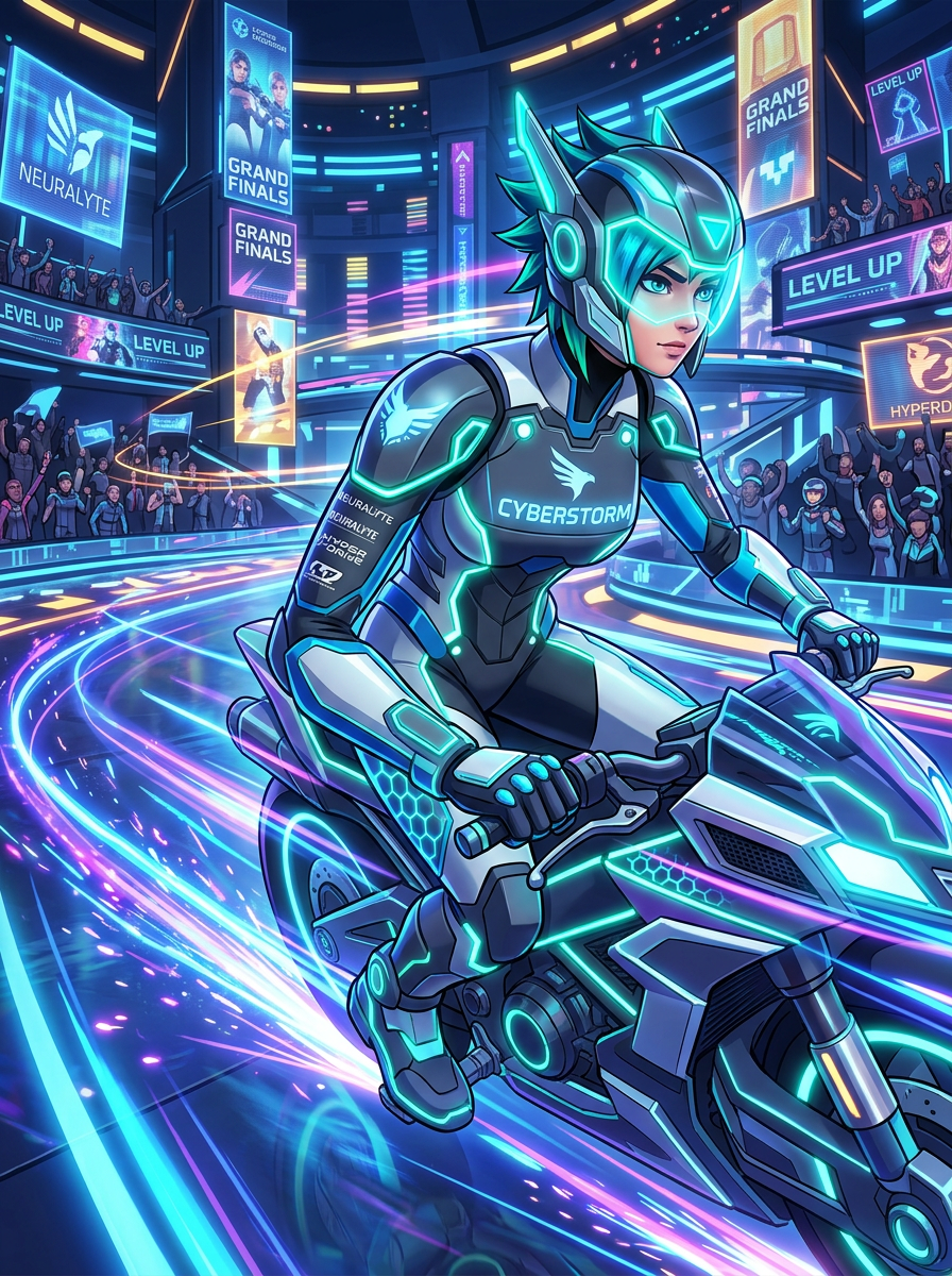 Original character for Meta Runner: an esports racer in a sleek futuristic racing suit with glowing accents, full body, stylized 3D anime style, neon speed lines, cyber arena background