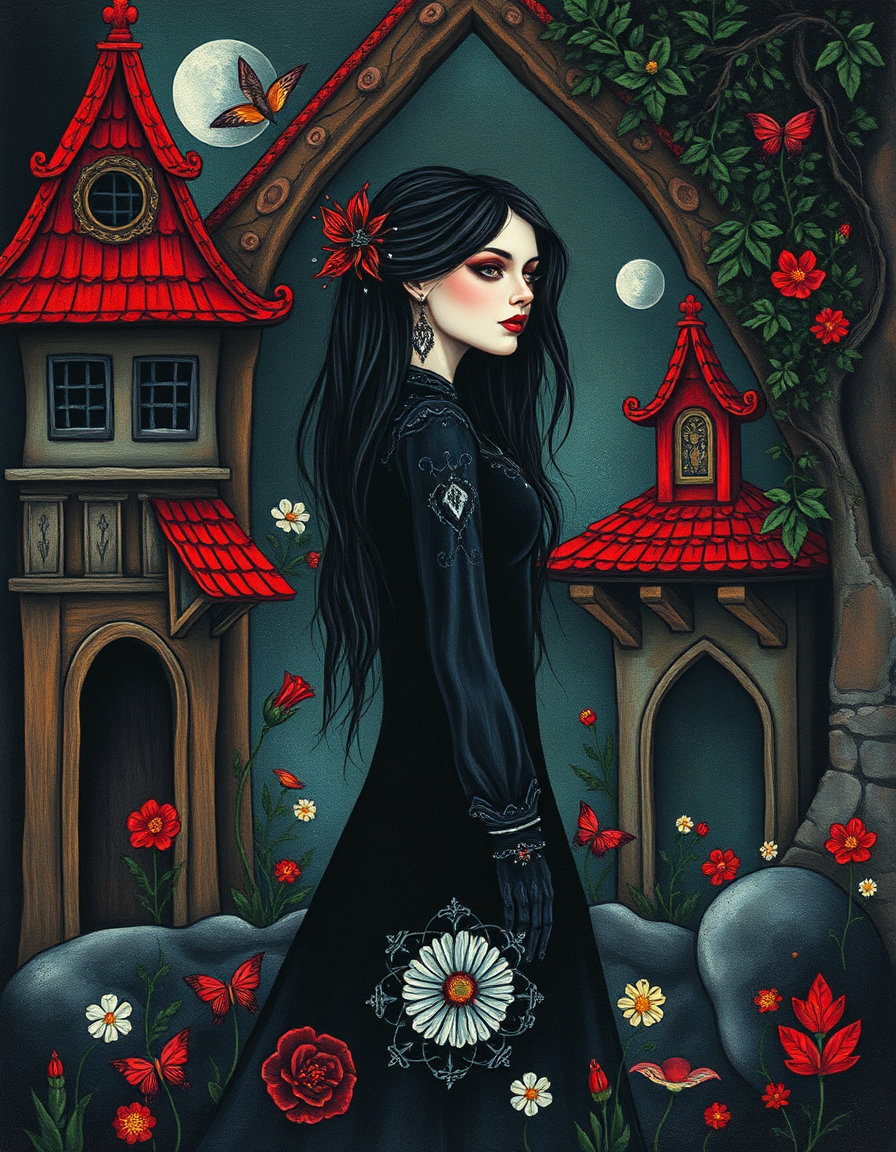 female goth figure with black makeup standing in a dark fantasy fairytale realm of whimsical medieval cottage core, rendered in pahari painting style with vibrant saturated mineral pigments—rich vermilion, deep green, lapis blue, luminous white—flat unmodulated areas, fine precise line drawing, layered spatial bands, stylized architectural and vegetal framing, elegant profile face, miniaturist floral motifs, bold decorative color, clean calligraphic edges, ornamental richness.