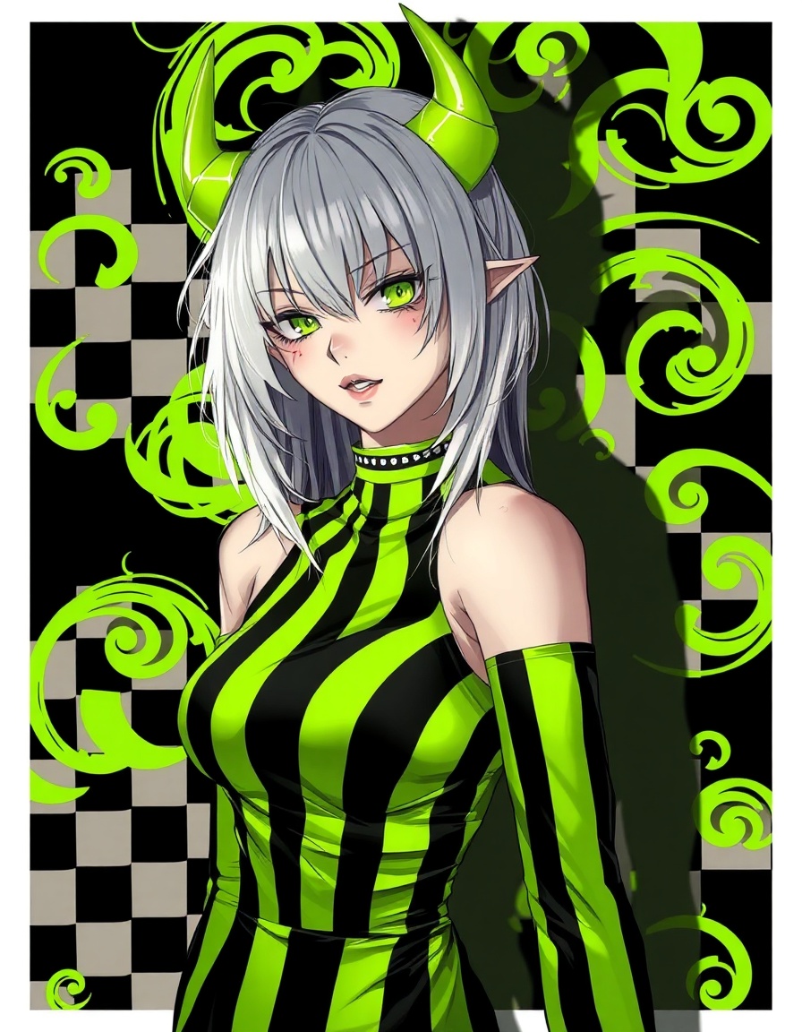 a pale-skinned anime woman with half-and-half split white hair and lime green ombre, lime green eyes
