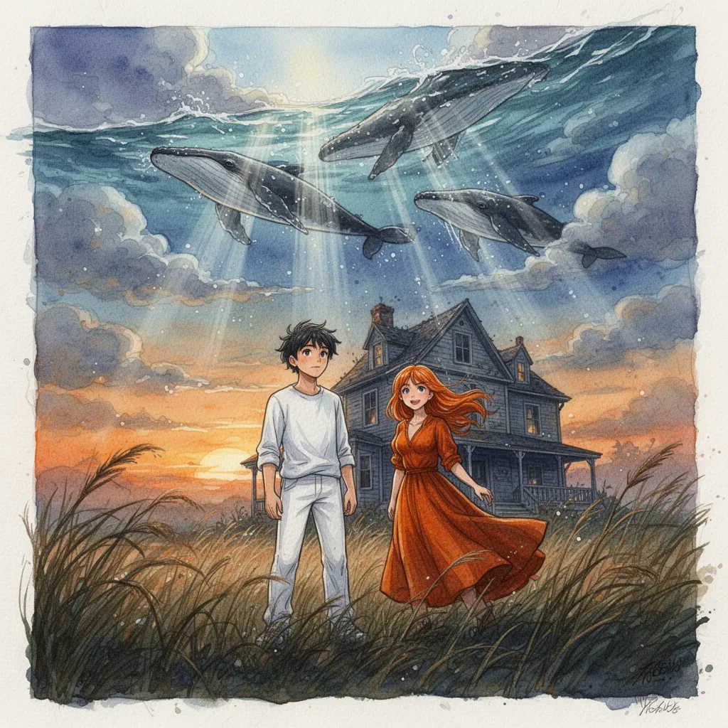 British style watercolor painting of a young man wearing all white and woman wearing all deep orange colour standing before an old haunted house at sunset, surrounded by tall grass swaying in the wind. Above them, a massive ocean floats across the sky, two whales swimming through clouds and through the suspended water, creating a breathtaking dreamlike fantasy scene. Sunlight pierces through the floating ocean, casting shimmering beams across the landscape, haunted house, and characters. Warm orange sunset tones blend with cool aquatic blues, emphasizing immense scale, wonder, and subtle psychological unease. Dynamic brush strokes, layered transparent washes, soft edge bleeding, watercolor blooms and backruns, subtle dry-brush textures, natural pigment granulation, absorbent cold-pressed paper texture with visible fibers and roughly torn edges. Dutch angle tilt 15–45°, diagonal tension, skewed horizon, converging architectural lines, off-balance composition, cinematic dolly feel, expressive character animation rendered in painterly motion, ultra-detailed watercolor realism, atmospheric depth, fantasy realism.

**Negative Prompt**

smooth paper, polished look, straight cut edges, signatures, text, watermark, digital painting, photorealistic, 3D render, cartoon, anime, deformed anatomy, extra limbs, extra fingers, duplicate characters, blurry details, low resolution, oversaturated colors