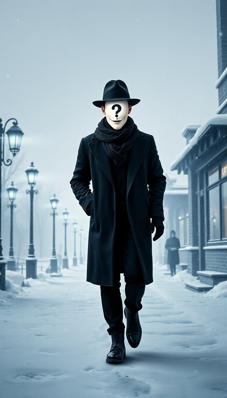 mysterious anonymous male avatar in a full-body pose, tall and confident, walking forward with a covered face dominated by a white question mark, wearing a black fedora, dark wool overcoat, thick knitted scarf, black turtleneck, gloves, trousers, and polished boots. place the figure in a wintery scene: soft falling snow, icy street lanterns casting cold blue light, frosted windows and a muted gray sky, with subtle frost on the coat and scarf. emphasize a monochrome palette tinged with cool blues, cinematic lighting, dramatic shadows, and a crisp, snowy atmosphere. render in a stylized digital art style with textured brushstrokes, clean vertical composition, suitable for a dark mystery channel branding.