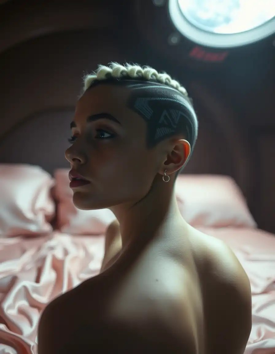 a woman with an extraterrestrial-inspired haircut, {geometric shaved patterns|bioluminescent braids}